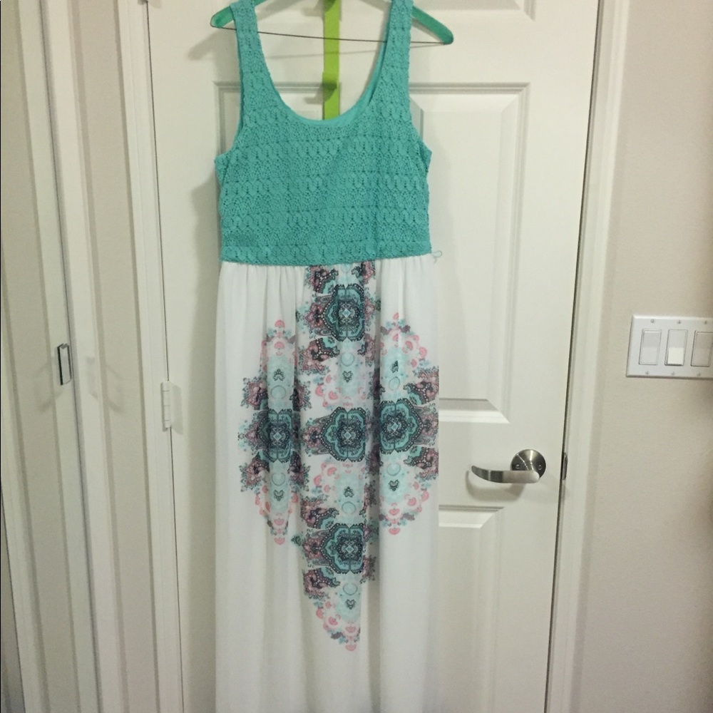 Teal and multi print maxi dress.